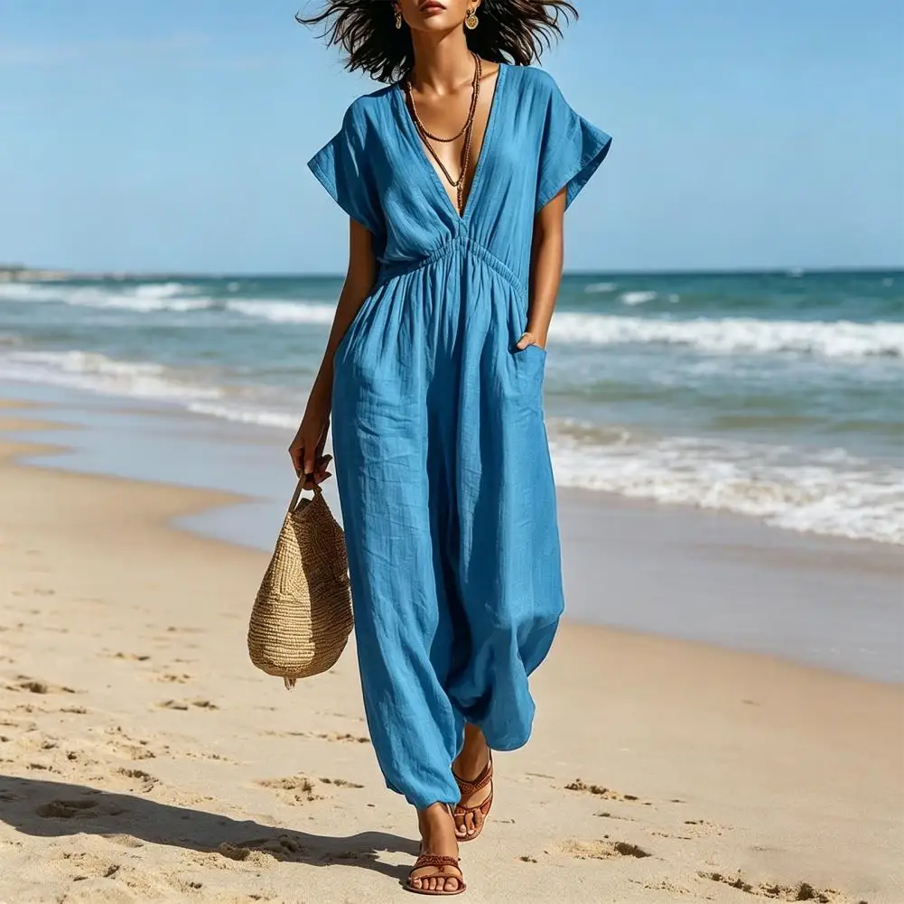 Solid Color Jumpsuit Women's Deep V Neck Jumpsuit Casual Wide Leg Romper with Pockets Summer Short Sleeve One Piece for Vacation
Solid Color Jumpsuit Women's Deep V Neck Jumpsuit Casual Wide Leg Romper with Pockets Summer Short Sleeve One Piece for Vacation