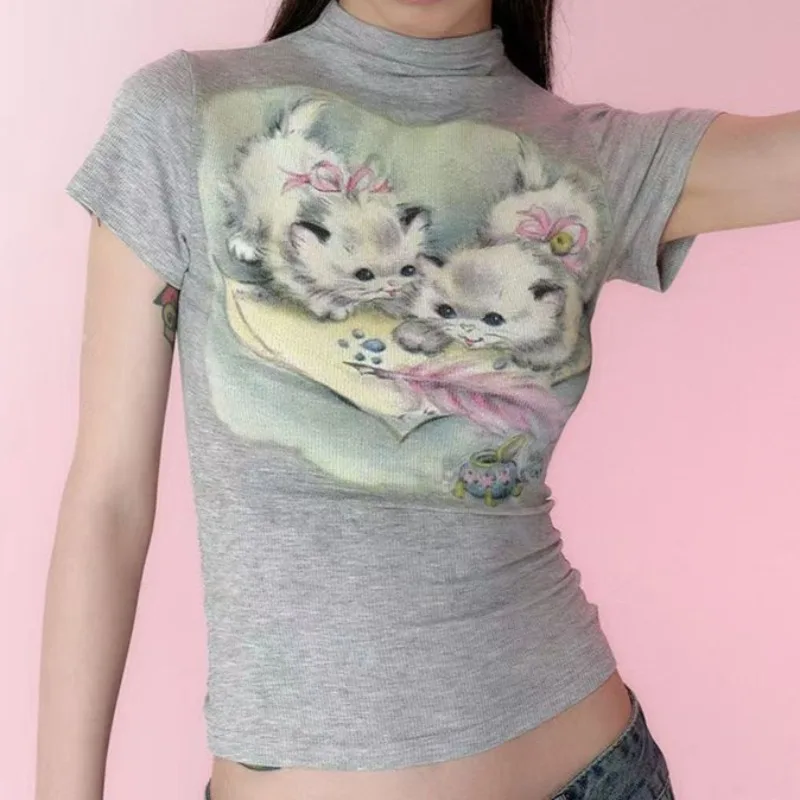 Women Cat Printed Crop Tops Spring Summer Half-Hight-Collar Short Sleeve Indies T-shirts Crop Tops Slim Sexy Hot Girls Tees New
Women Cat Printed Crop Tops Spring Summer Half-Hight-Collar Short Sleeve Indies T-shirts Crop Tops Slim Sexy Hot Girls Tees New