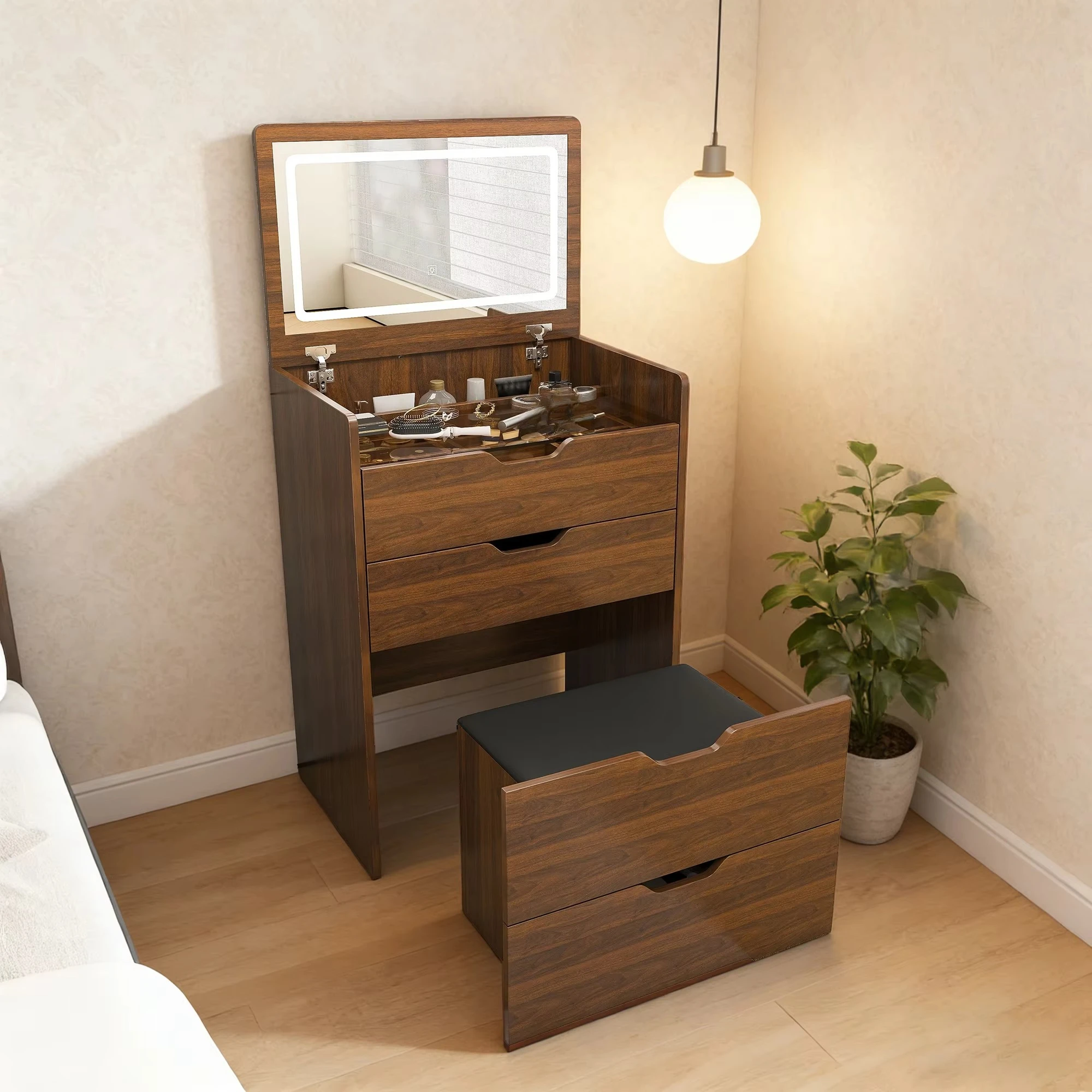 Vanity Desk with Lighted Mirror Stool Flip Top Makeup Dressing Table Compact Storage for Bedroom Dressing Room Wood Dresser
Vanity Desk with Lighted Mirror Stool Flip Top Makeup Dressing Table Compact Storage for Bedroom Dressing Room Wood Dresser