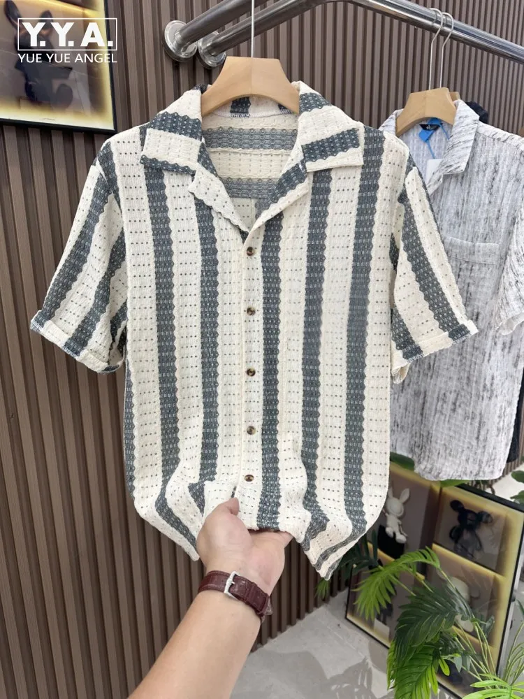 Hot Sale Summer New Mens Short Sleeved Striped Shirt Lapel Fashion Casual Men Tops Single Breasted Thin Breathable Loose Shirts
Hot Sale Summer New Mens Short Sleeved Striped Shirt Lapel Fashion Casual Men Tops Single Breasted Thin Breathable Loose Shirts
