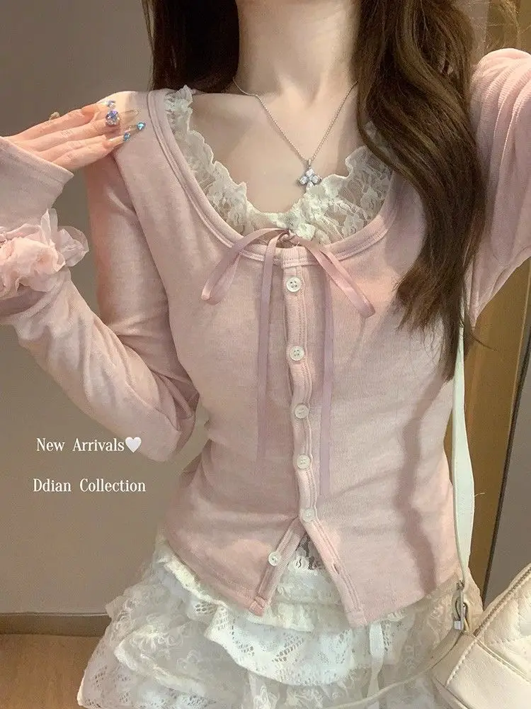 Women's Long Sleeve Lace Trim Layered Tee Pastel Pink Blouse Soft Romantic Cottagecore Y2K Top Spring Summer Layering Piece
Women's Long Sleeve Lace Trim Layered Tee Pastel Pink Blouse Soft Romantic Cottagecore Y2K Top Spring Summer Layering Piece