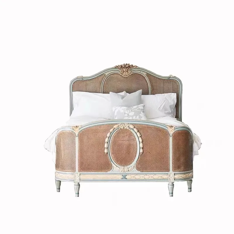 Classical bedroom solid wood bed vintage American carved rattan princess distressed high-end carved double bed
Classical bedroom solid wood bed vintage American carved rattan princess distressed high-end carved double bed