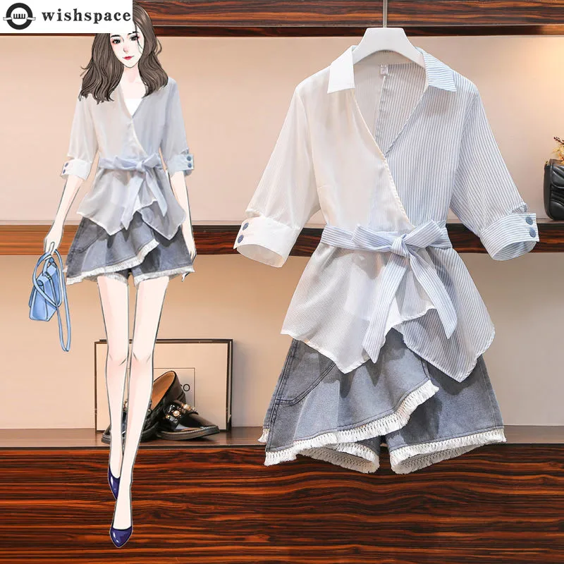 Summer New Blue Bow Stitched Chiffon Shirt Irregular Denim Shorts Two-piece Set Elegant Women's Pants Set Female Outfit
Summer New Blue Bow Stitched Chiffon Shirt Irregular Denim Shorts Two-piece Set Elegant Women's Pants Set Female Outfit