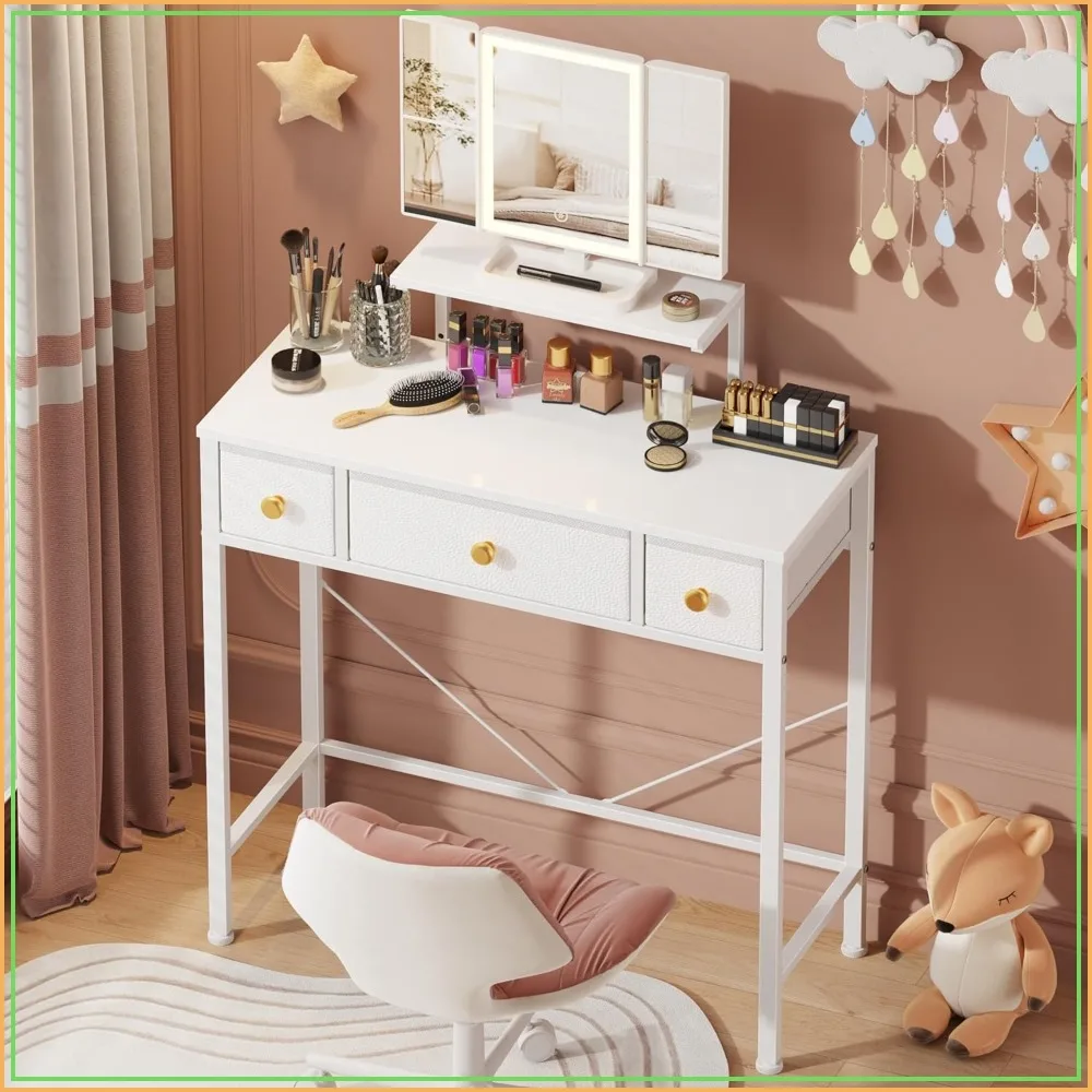 Small Makeup Vanity Desk with Mirror and Lights, 3 Fabric Drawers, Height-Adjustable Stand, for Bedroom, White
Small Makeup Vanity Desk with Mirror and Lights, 3 Fabric Drawers, Height-Adjustable Stand, for Bedroom, White