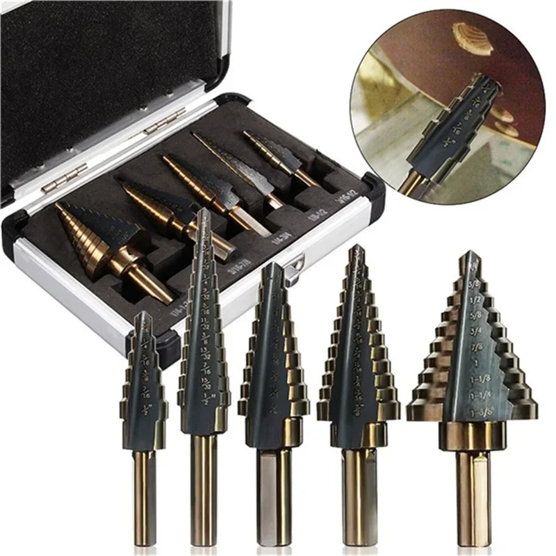 5pcs Step Drill Bit Set Hss Cobalt Multiple Hole 50 Sizes Cobalt Titanium Conical Carbide Drill Perforator Hole Cutter Tool
5pcs Step Drill Bit Set Hss Cobalt Multiple Hole 50 Sizes Cobalt Titanium Conical Carbide Drill Perforator Hole Cutter Tool