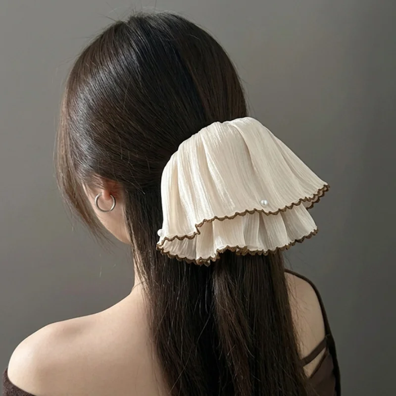 Pleated Chiffon Double Tiered Ruffles Hair Claws Clip Pearl Decorated Ponytail Shark Clip Women Elegant Hairpin Accessory
Pleated Chiffon Double Tiered Ruffles Hair Claws Clip Pearl Decorated Ponytail Shark Clip Women Elegant Hairpin Accessory