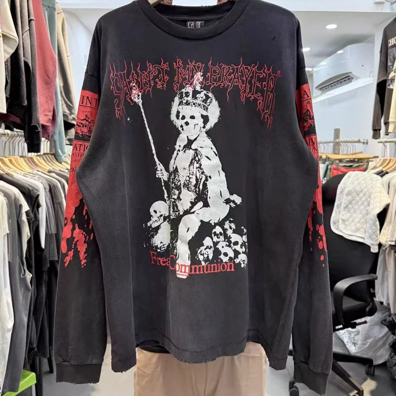 Saint Футболка Поло Череп Трон с буквенным принтом Washed Do Old Hole Футболка унисекс Черная повседневная футболка с длинными рукавами для мужчин и женщин 
Saint Футболка Поло Череп Трон с буквенным принтом Washed Do Old Hole Футболка унисекс Черная повседневная футболка с длинными рукавами для мужчин и женщин