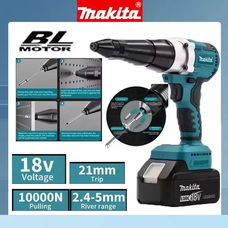 Бесщеточный электрический заклепочник Makita с LED-подсветкой, беспроводной, многофункциональный, автоматический инструмент для заклепок, совместимый с аккумулятором Makita 18V.
Бесщеточный электрический заклепочник Makita с LED-подсветкой, беспроводной, многофункциональный, автоматический инструмент для заклепок, совместимый с аккумулятором Makita 18V.