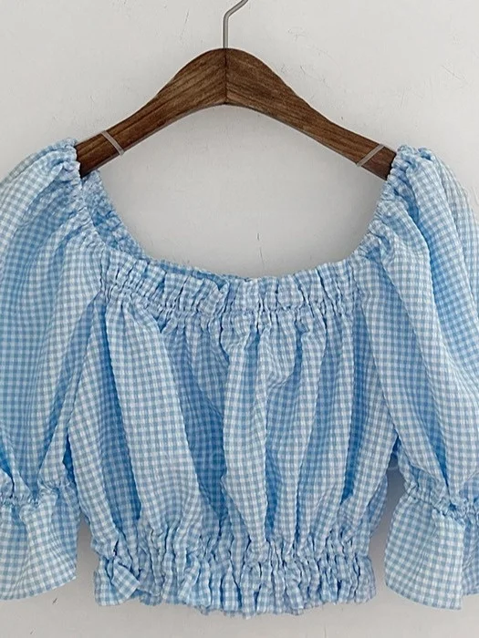 Летний винтажный клетчатый топ Bubble Sve irt, женский трикотаж с квадратным воротником и завязкой на талии Faion 
Летний винтажный клетчатый топ Bubble Sve irt, женский трикотаж с квадратным воротником и завязкой на талии Faion