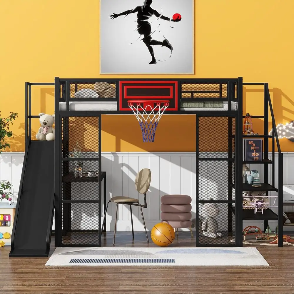Industrial Style Metal Loft Bed with Slide, Staircase, and Storage, Basketball Hoop Desk, Open Wardrobe for Kids
Industrial Style Metal Loft Bed with Slide, Staircase, and Storage, Basketball Hoop Desk, Open Wardrobe for Kids