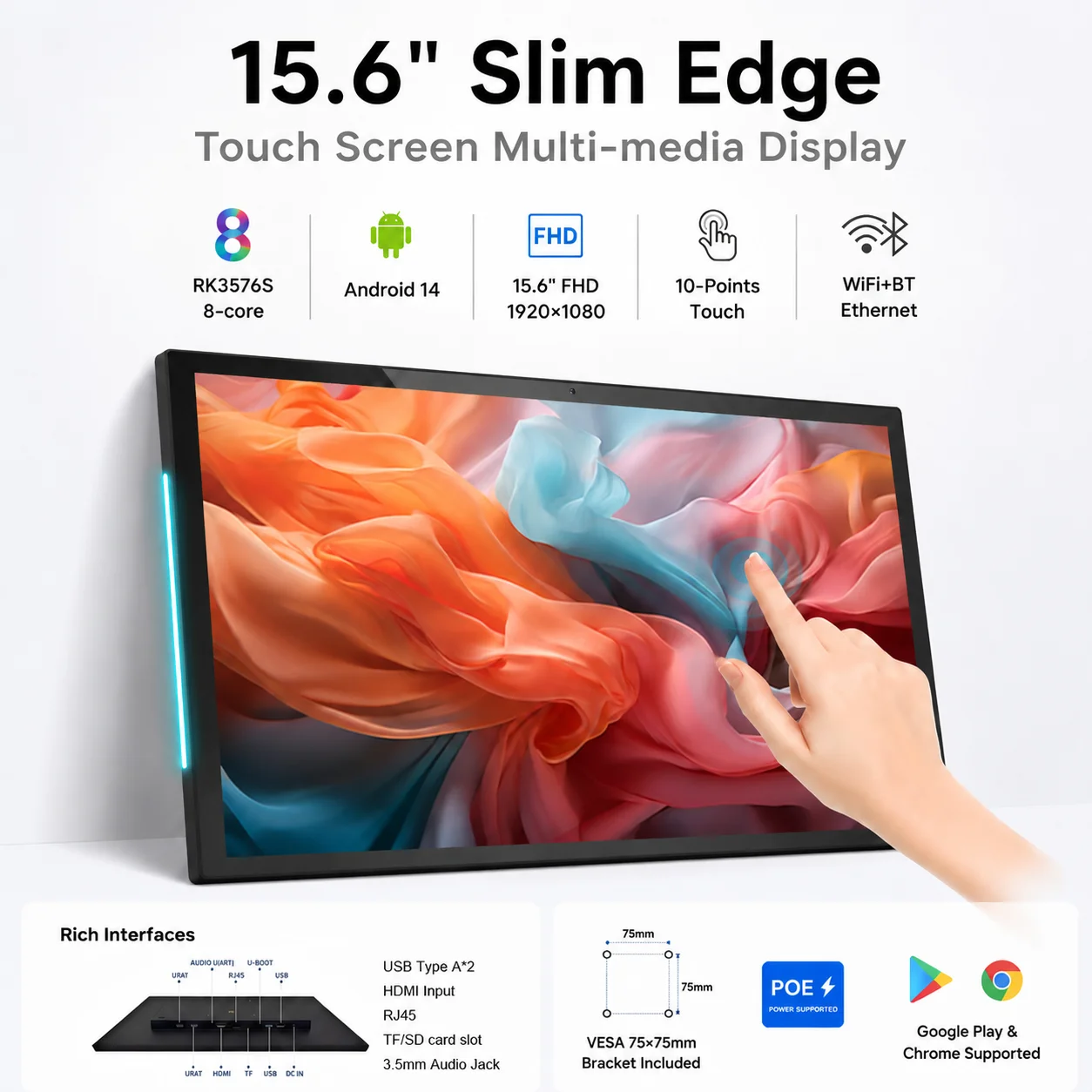 15 Inch 16:10 Wall Mount Android 14 LED Tablet 4G+32G Touch Screen with LED Light Bars, 7x24 Hours POE Smart Home Control
15 Inch 16:10 Wall Mount Android 14 LED Tablet 4G+32G Touch Screen with LED Light Bars, 7x24 Hours POE Smart Home Control