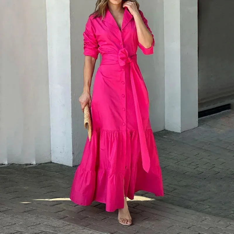 Solid Dress 2025 European American Summer New Fashionable Temperament Versatile Waist Cinching Cardigan Commuting Long Skirt
Solid Dress 2025 European American Summer New Fashionable Temperament Versatile Waist Cinching Cardigan Commuting Long Skirt