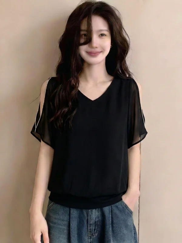 Elegant Black V-Neck Shoulder-Length Sleeve Chiffon Shirt Women's Fashion Summer New Style plus Size Sleeveless Top
Elegant Black V-Neck Shoulder-Length Sleeve Chiffon Shirt Women's Fashion Summer New Style plus Size Sleeveless Top