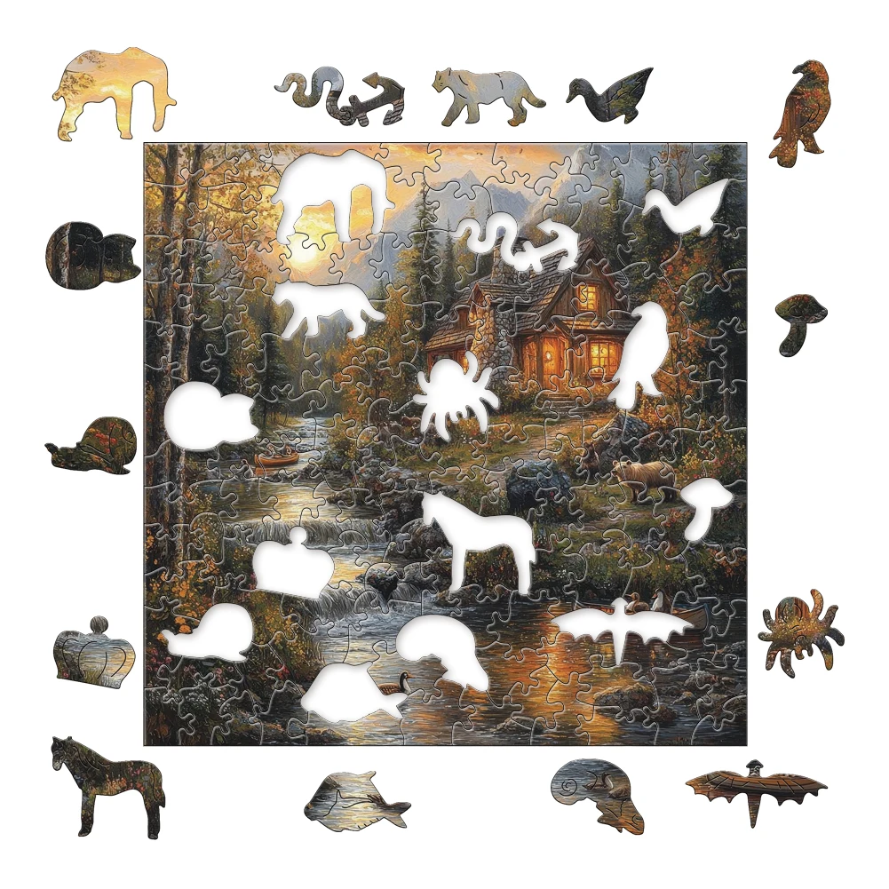 Autumn Mountain River Log Cabin Scenery Custom Shaped Wooden Jigsaw Puzzle with Wildlife Whimsy Pieces, Unique Adult Gift
Autumn Mountain River Log Cabin Scenery Custom Shaped Wooden Jigsaw Puzzle with Wildlife Whimsy Pieces, Unique Adult Gift
