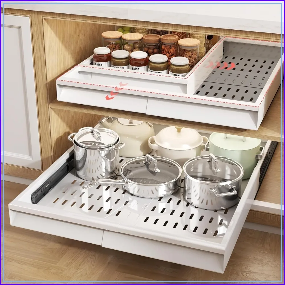 Adjustable Pull Out Cabinet Organizer, 13"-21"W x 17"-24"D, 3 Rail Slide Drawer, White, 2 Pack
Adjustable Pull Out Cabinet Organizer, 13"-21"W x 17"-24"D, 3 Rail Slide Drawer, White, 2 Pack