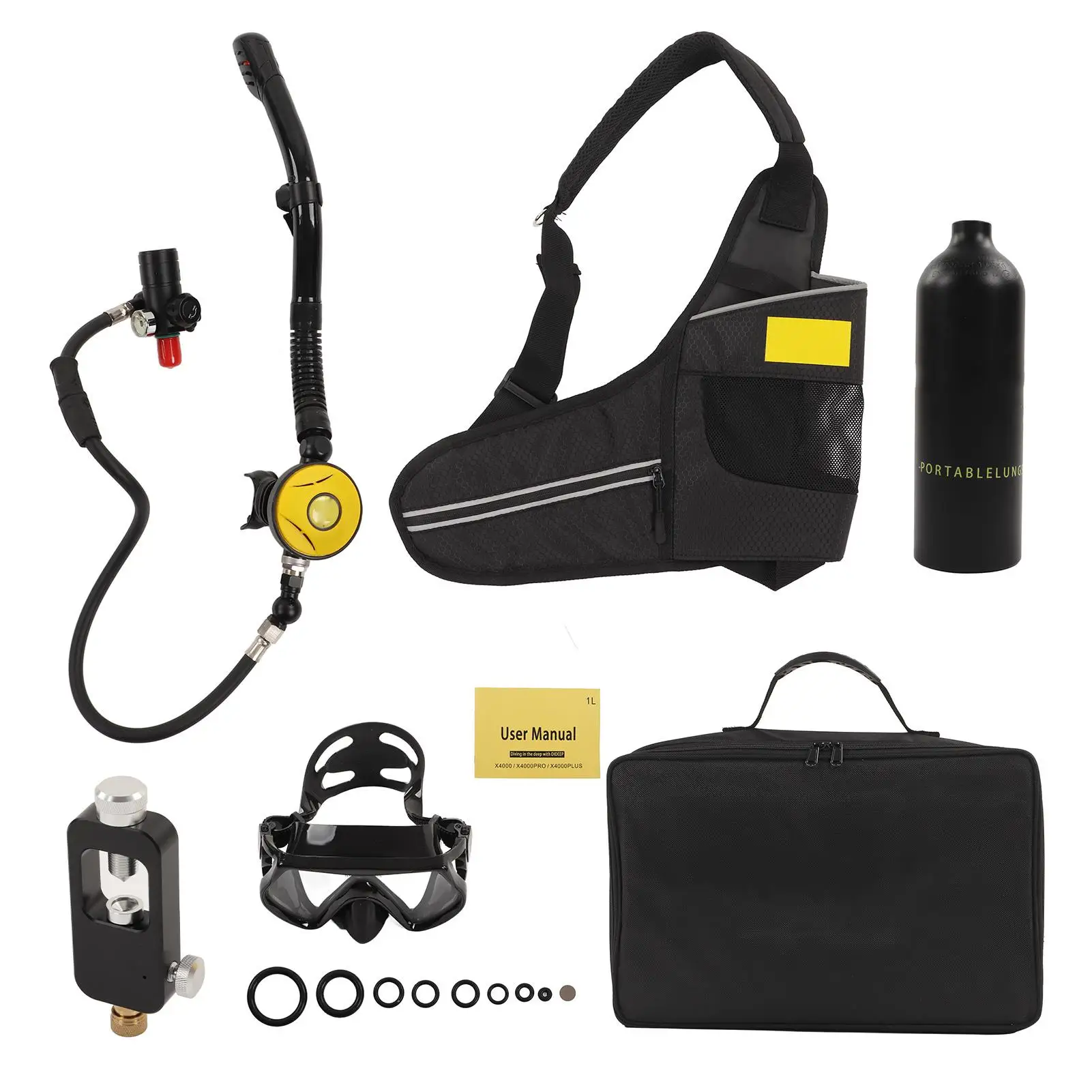 1L Mini Diving Tank Pressure Relief Kit with Goggles, Bag, Refill Adapter - Diving Gear
1L Mini Diving Tank Pressure Relief Kit with Goggles, Bag, Refill Adapter - Diving Gear