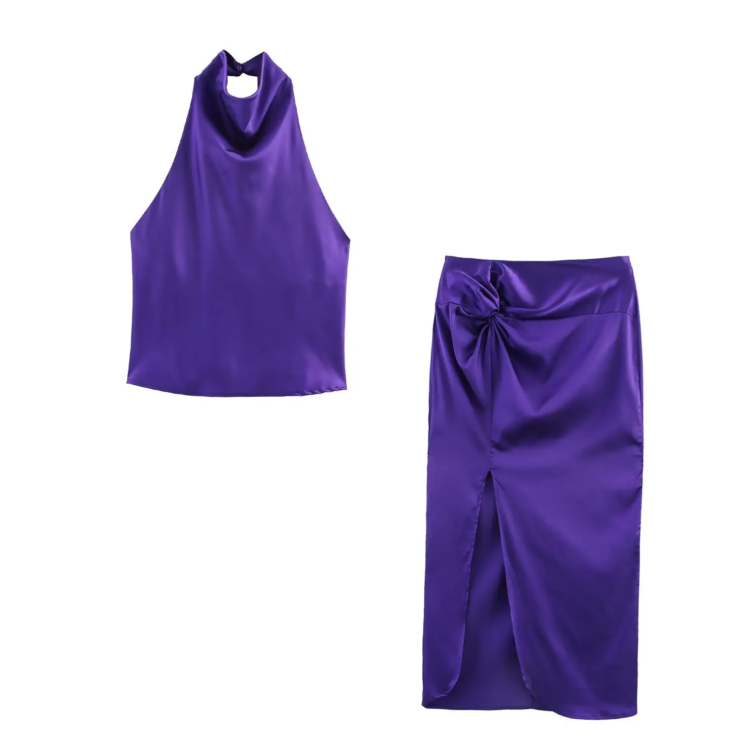ZBZA Women's Satin Pleated Top Skirt Set Sexy Halterneck Backless Vest Asymmetric Slit Skirt Spring Summer New Female Chic Suit
ZBZA Women's Satin Pleated Top Skirt Set Sexy Halterneck Backless Vest Asymmetric Slit Skirt Spring Summer New Female Chic Suit