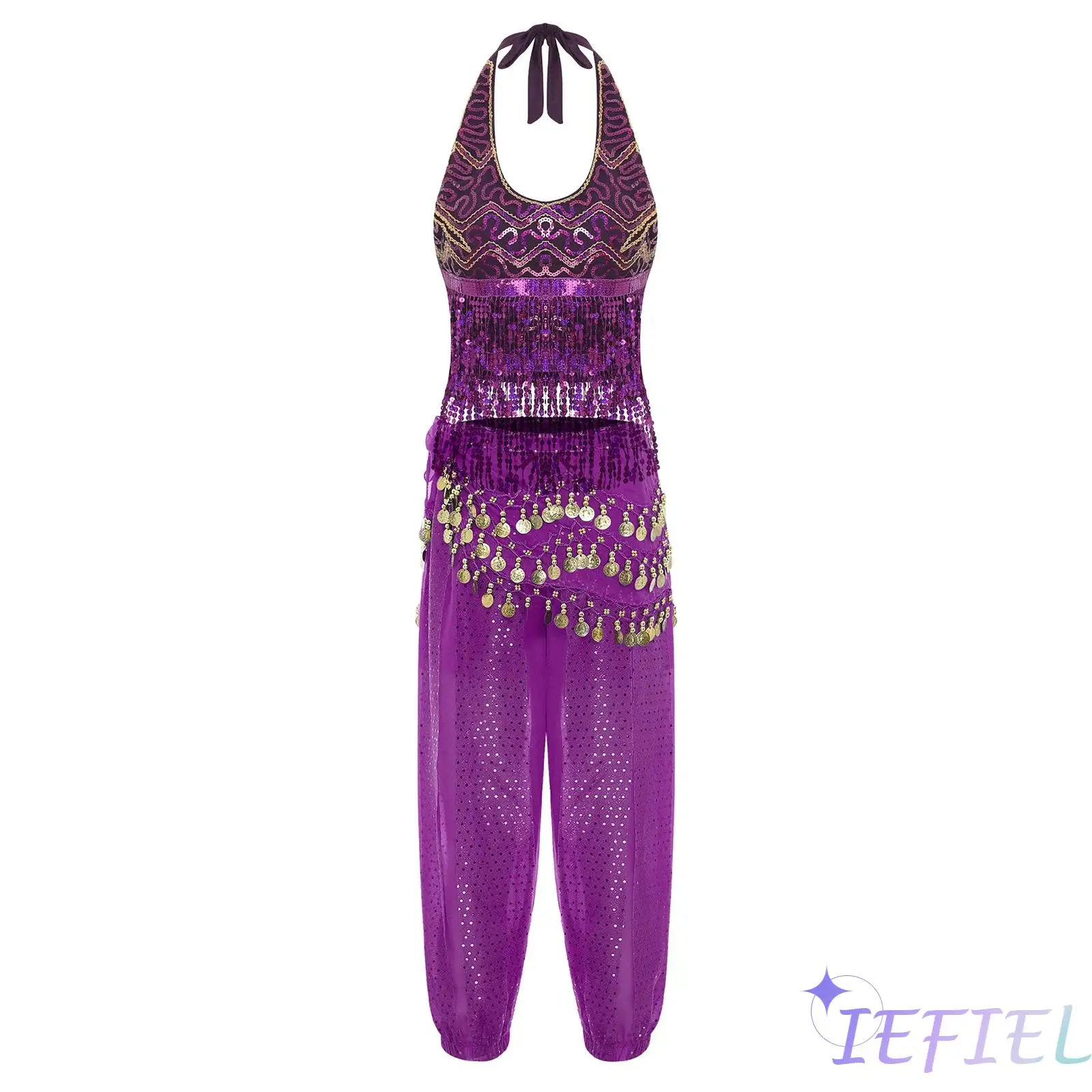 Womens Belly Dance Outfit Halter Sleeveless Shiny Tassel Crop Top And Bloomers Long Pants with Hip Scarf Indian Folk Dance Wear
Womens Belly Dance Outfit Halter Sleeveless Shiny Tassel Crop Top And Bloomers Long Pants with Hip Scarf Indian Folk Dance Wear