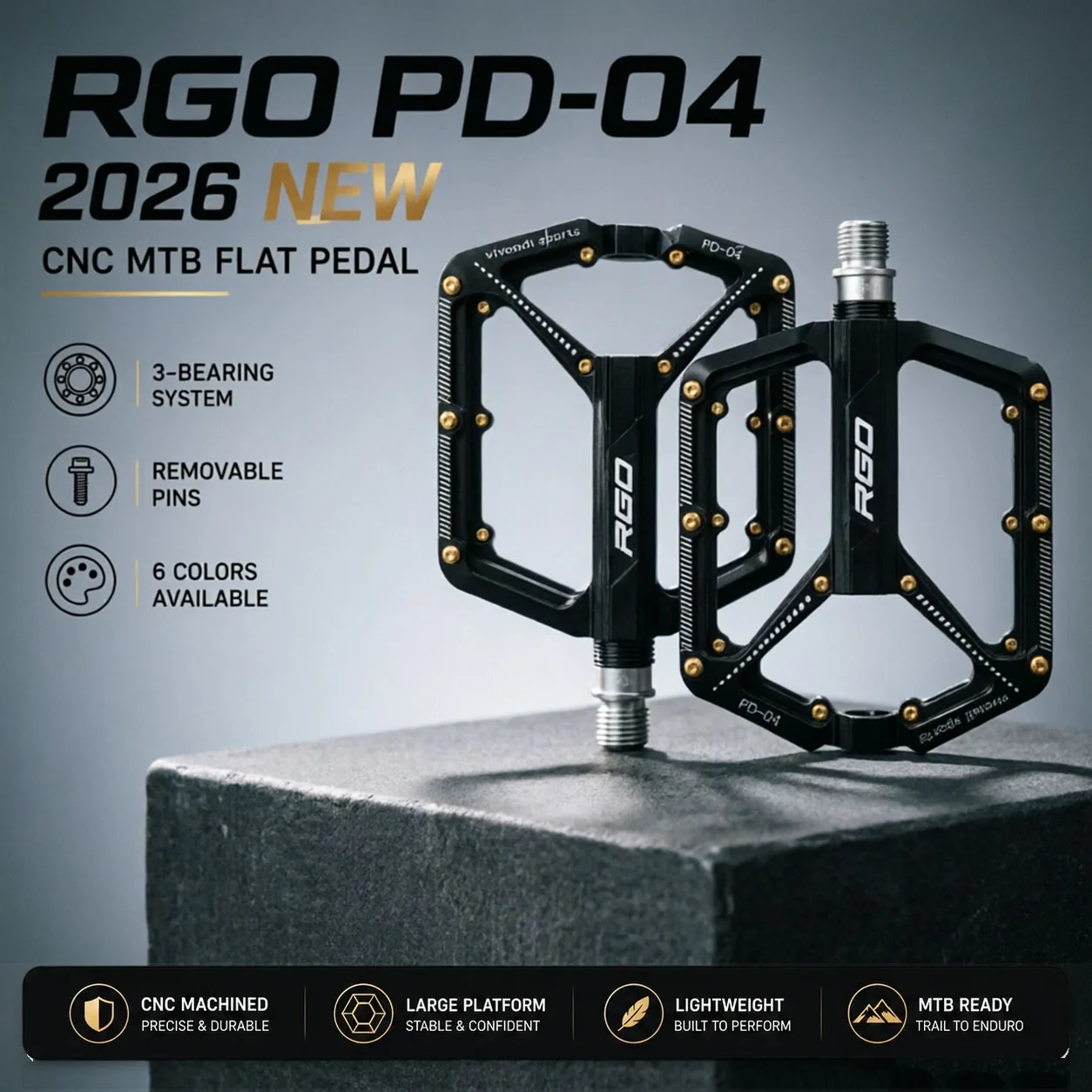 GOLDIX RGO PD04 CNC Aluminum Alloy Bicycle Pedal 3 Pcs Bearing Lubricated Pedal Cycling Pedals for Mountain Bikes and Road Bikes
GOLDIX RGO PD04 CNC Aluminum Alloy Bicycle Pedal 3 Pcs Bearing Lubricated Pedal Cycling Pedals for Mountain Bikes and Road Bikes