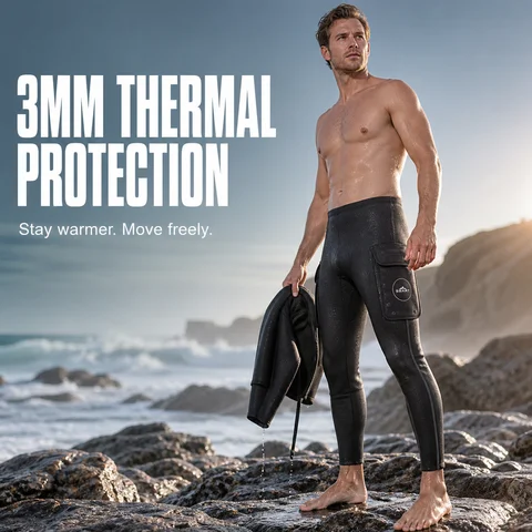 SBART Men's 3mm Neoprene Wetsuit Pants with Pockets, Thermal Diving Leggings for Scuba, Snorkeling, Surfing, Black