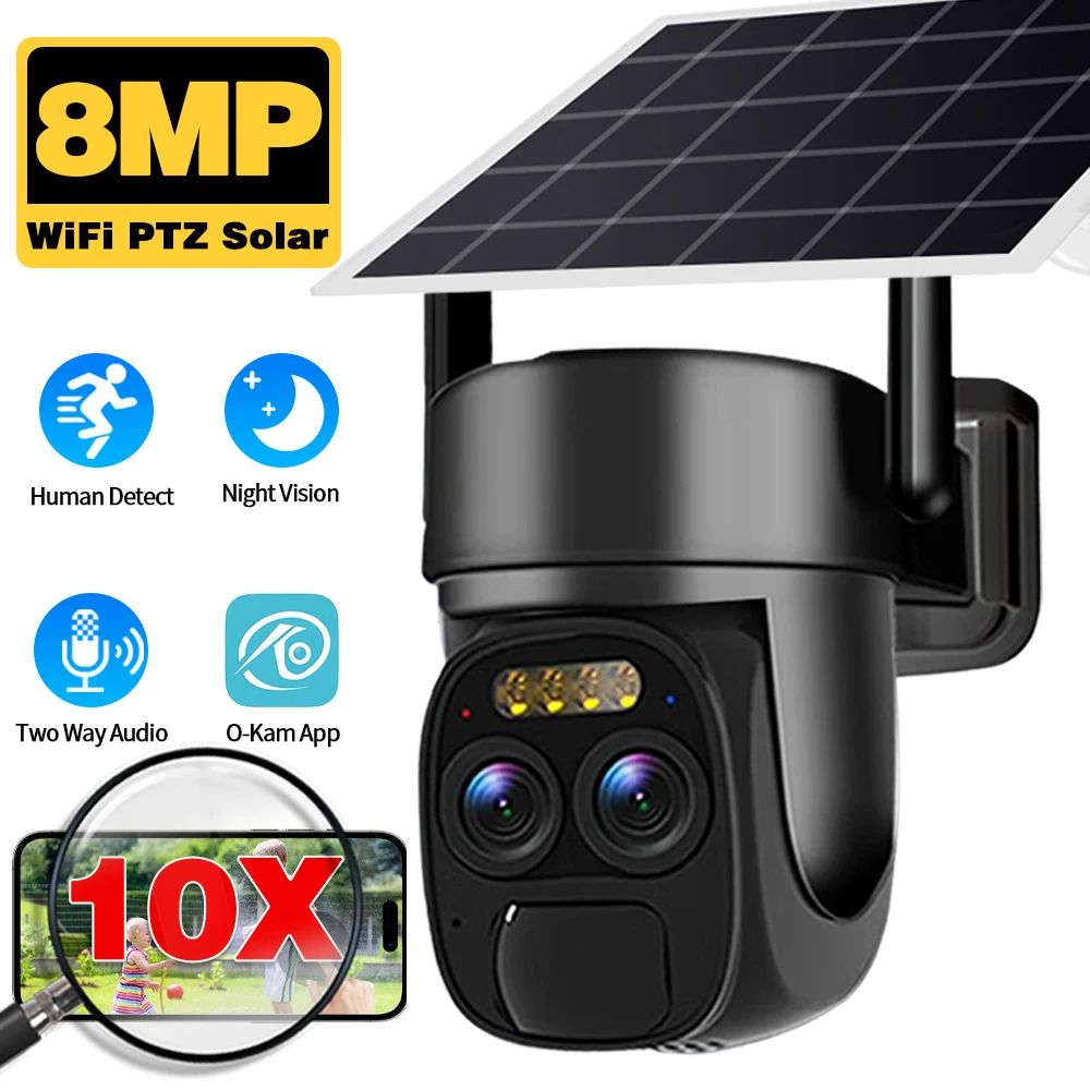 4K 8MP Dual-lens WiFi Solar Camera Outdoor Panel 10x Optical Zoom Audio Night Vision Night Vision Battery Safety Camera O-KAM
4K 8MP Dual-lens WiFi Solar Camera Outdoor Panel 10x Optical Zoom Audio Night Vision Night Vision Battery Safety Camera O-KAM