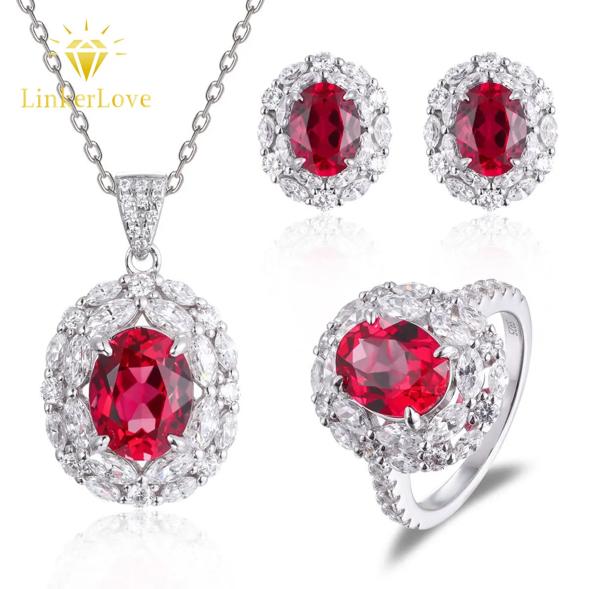 LinkerLove S925 Silver Oval Cut Ruby Ring Bridal Red Gemstone Jewelry Set Double Halo Pendant Necklace Stud Earrings for Women
LinkerLove S925 Silver Oval Cut Ruby Ring Bridal Red Gemstone Jewelry Set Double Halo Pendant Necklace Stud Earrings for Women