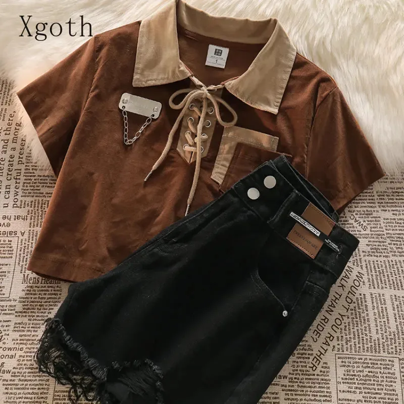 Xgoth японские винтажные шорты, костюм, футболка с отложным воротником, топ, женские уличные черные джинсовые шорты, комплект из двух предметов для горячих девушек 
Xgoth японские винтажные шорты, костюм, футболка с отложным воротником, топ, женские уличные черные джинсовые шорты, комплект из двух предметов для горячих девушек