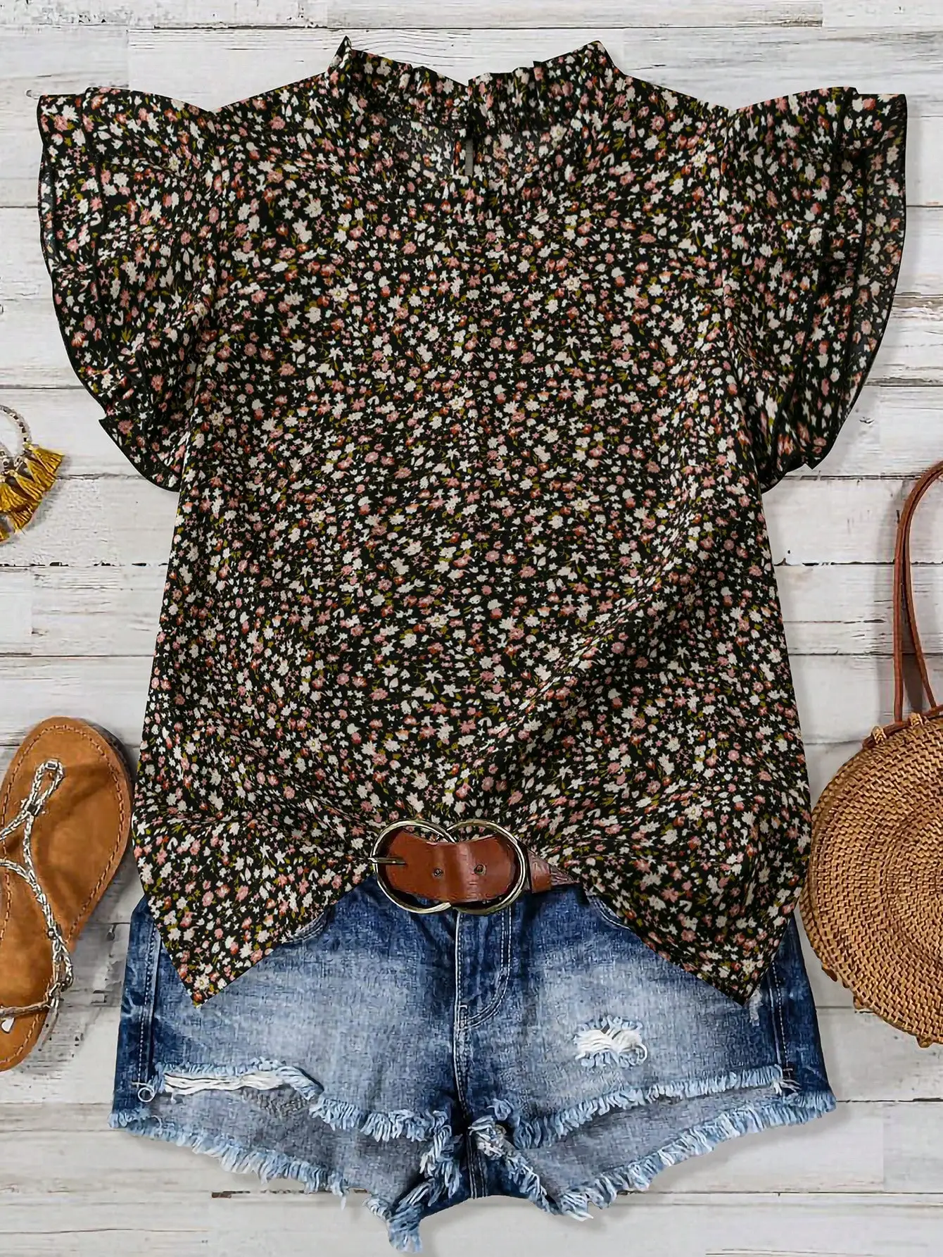 Women's Black Ditsy Floral Blouse with Ruffle Sleeve and Stand Collar, Spring Summer Casual Top
Women's Black Ditsy Floral Blouse with Ruffle Sleeve and Stand Collar, Spring Summer Casual Top