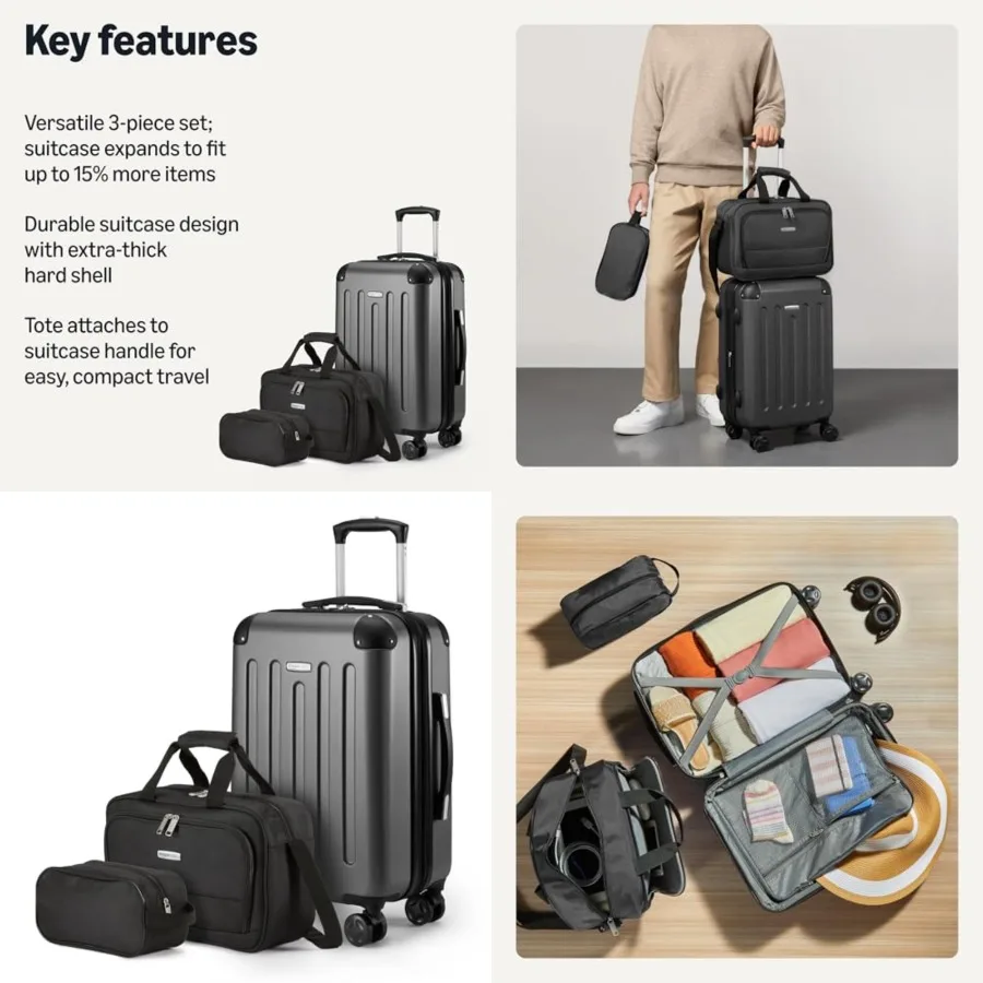 with Spinner Wheels, Including 22" Expandable Hardside Carry-On Suitcase, 15-inch Tote Bag, and 10-inch Compact Travel Bag
with Spinner Wheels, Including 22" Expandable Hardside Carry-On Suitcase, 15-inch Tote Bag, and 10-inch Compact Travel Bag