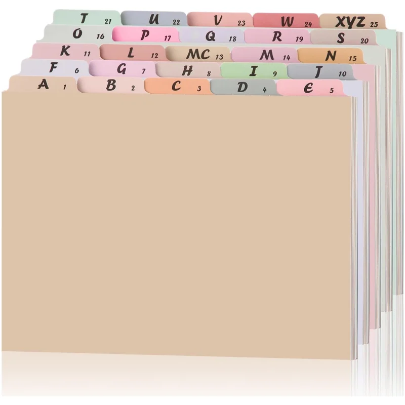1 Set 25 Pack Alphabet File Dividers Letter Size, 1/5 Cut Tab A-z File Guides Number Folder Organizer
1 Set 25 Pack Alphabet File Dividers Letter Size, 1/5 Cut Tab A-z File Guides Number Folder Organizer