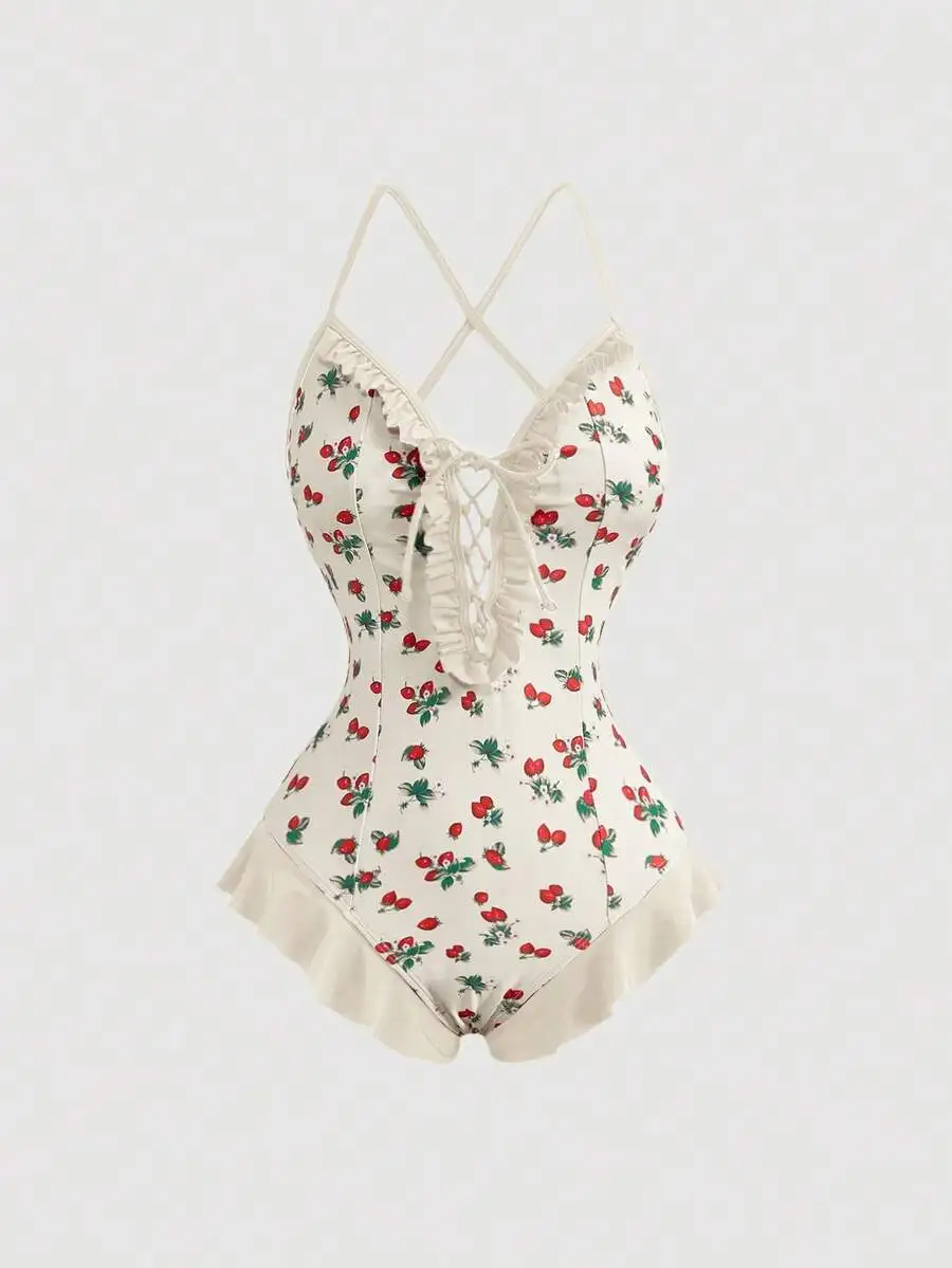 Ruffle Front-Tie Strawberry Print One-Piece Swimsuit With Cross Back
Ruffle Front-Tie Strawberry Print One-Piece Swimsuit With Cross Back