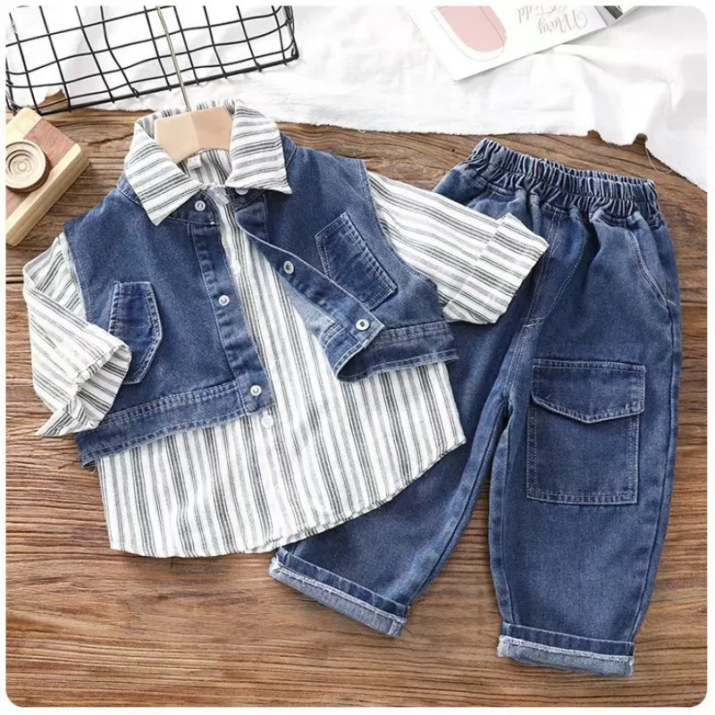 Children's Clothing Boys Autumn Set Fashionable Denim Vest Pants Striped Shirt, 3-piece Set, Children's Baby Clothing 2-7Y
Children's Clothing Boys Autumn Set Fashionable Denim Vest Pants Striped Shirt, 3-piece Set, Children's Baby Clothing 2-7Y