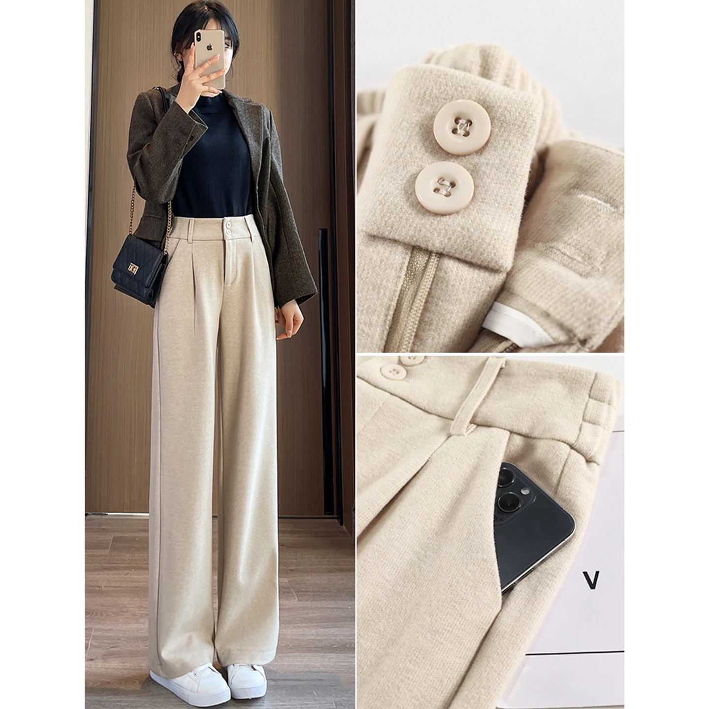 Women's Woolen Wide Leg Pants Autumn Winter Thickened Loose Straight Casual Trousers High Waist Pure Color with Pockets
Women's Woolen Wide Leg Pants Autumn Winter Thickened Loose Straight Casual Trousers High Waist Pure Color with Pockets