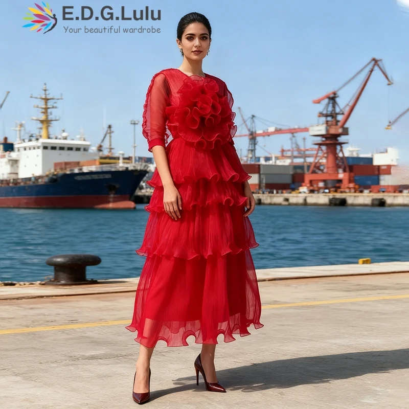 EDGLuLu Retro Round Neck Five Quarter Sleeve Red White Dress 3d Flower Splicing Layered Lotus Leaf Edge Elegant Long Dress 1223
EDGLuLu Retro Round Neck Five Quarter Sleeve Red White Dress 3d Flower Splicing Layered Lotus Leaf Edge Elegant Long Dress 1223