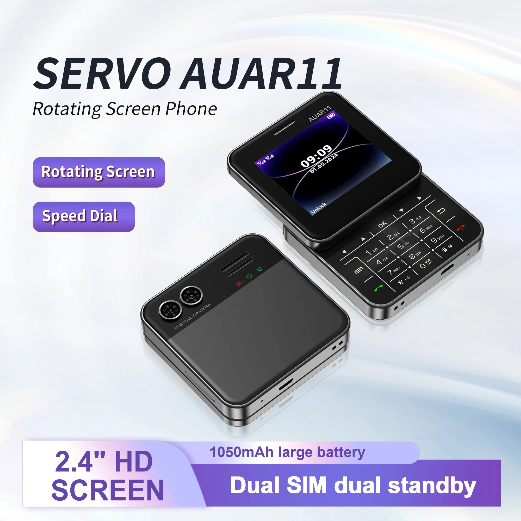 SERVO AUAR11 Маленький мобильный телефон с вращающимся экраном Magic Voice Быстрое набор FM-радио Фонарик Два SIM-карты Раздвижные карманные мобильные телефоны
SERVO AUAR11 Маленький мобильный телефон с вращающимся экраном Magic Voice Быстрое набор FM-радио Фонарик Два SIM-карты Раздвижные карманные мобильные телефоны