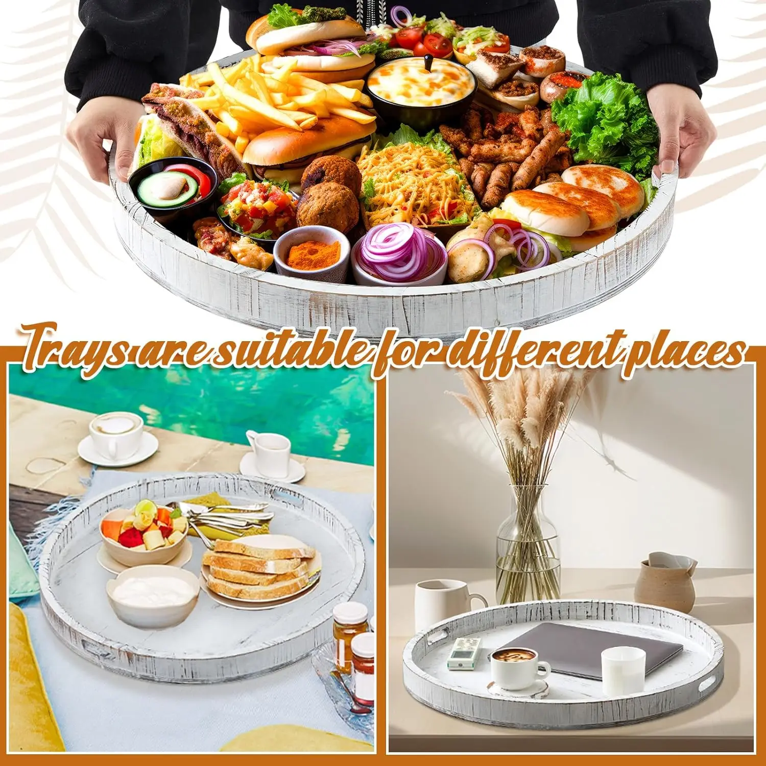 Suzile 2 Pcs Extra Large Round Ottoman Serving Tray With Handle 23"" 21"" Old White Rustic Wooden Serving Tray With 4 Coasters
Suzile 2 Pcs Extra Large Round Ottoman Serving Tray With Handle 23"" 21"" Old White Rustic Wooden Serving Tray With 4 Coasters