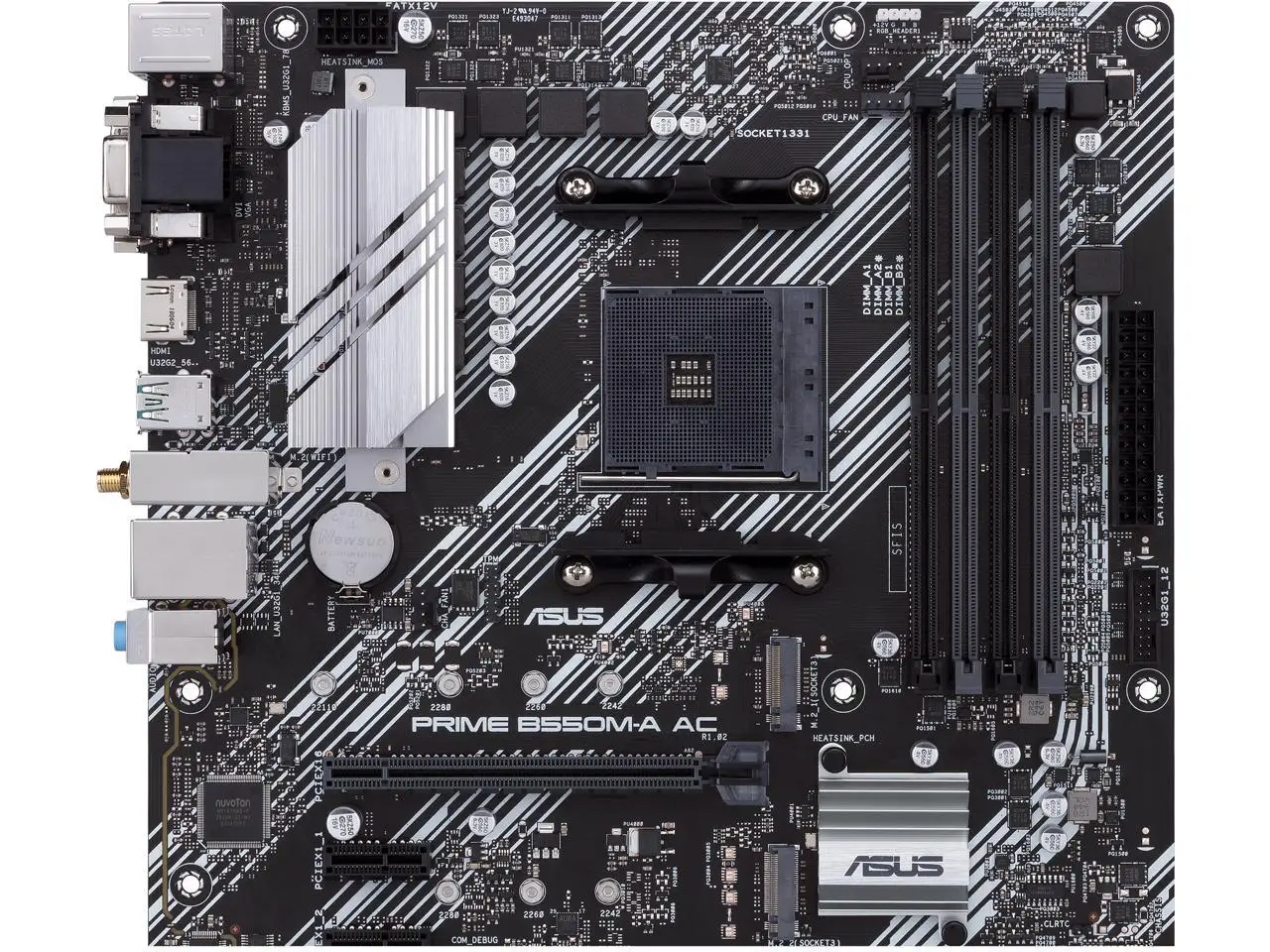 ASUS PRIME B550M-A AC AMD AM4 mATX motherboard with impressive features, including PCIe 4.0, dual M.2 slots, WiFi, HDMI, D-Sub, DVI, SATA 6 Gbps, USB 3.2 Gen 2 ports, and Aura Sync RGB lighting
ASUS PRIME B550M-A AC AMD AM4 mATX motherboard with impressive features, including PCIe 4.0, dual M.2 slots, WiFi, HDMI, D-Sub, DVI, SATA 6 Gbps, USB 3.2 Gen 2 ports, and Aura Sync RGB lighting