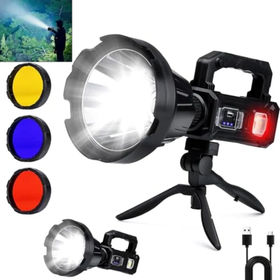 Rechargeable Spotlight Flashlight, 3, 000, 000L Lumens LED Handheld Spot Light, 6 Modes, 3 Colored Lenses, Solar and USB-C Char
Rechargeable Spotlight Flashlight, 3, 000, 000L Lumens LED Handheld Spot Light, 6 Modes, 3 Colored Lenses, Solar and USB-C Char