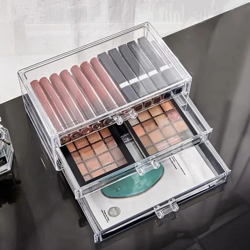 Large Capacity Transparent Makeup Storage Box - Acrylic Drawer Divided Organizer, Desktop Compact Dust-proof, Lipstick Storage