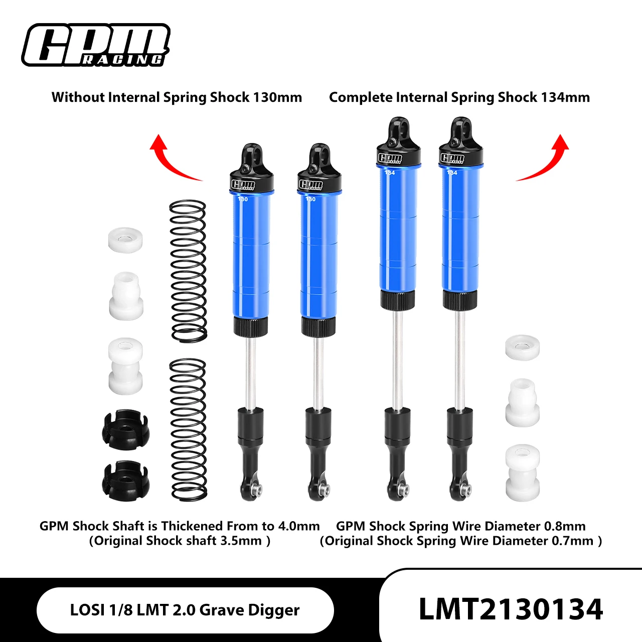 GPM LOSI 1/8 LMT 2.0 For 6061-T6 ALLOY FRONT/REAR COMPLETE INTERNAL SPRING SHOCK (130MM AND 134MM)
GPM LOSI 1/8 LMT 2.0 For 6061-T6 ALLOY FRONT/REAR COMPLETE INTERNAL SPRING SHOCK (130MM AND 134MM)