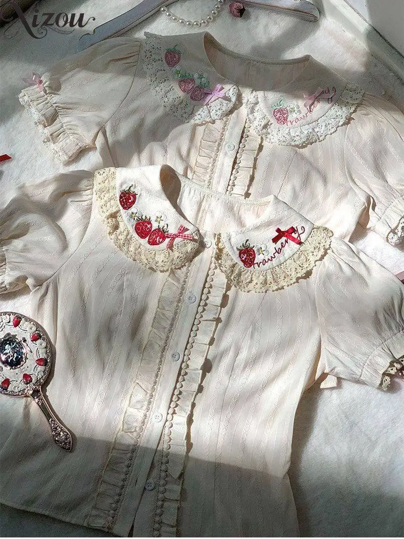 Strawberry Embroidery Shirt Bow Puff Short Sleeve Shirts Lolita Inner Top Lace Button Sweet Kawaii Daily Blouse 2026 Summer Tee
Strawberry Embroidery Shirt Bow Puff Short Sleeve Shirts Lolita Inner Top Lace Button Sweet Kawaii Daily Blouse 2026 Summer Tee
