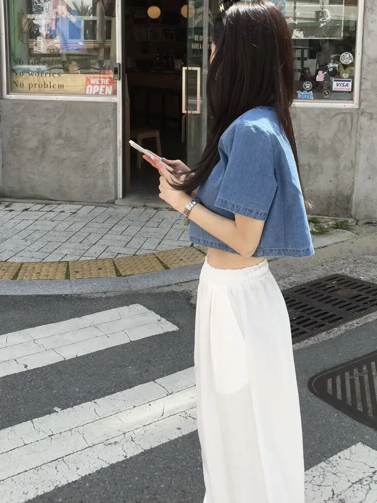 Faionable ort Sve Джинсовая футболка Женская летняя новинка Sweet Cool round Ne Loose ort Length Belly ow Модный топ 
Faionable ort Sve Джинсовая футболка Женская летняя новинка Sweet Cool round Ne Loose ort Length Belly ow Модный топ