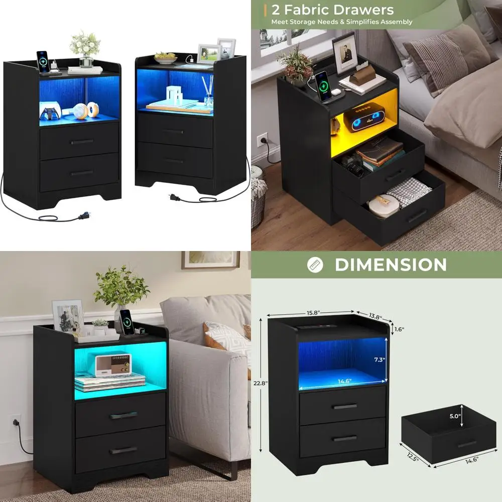 Современная двойная тумбочка со светодиодной подсветкой, зарядной станцией и тканевыми ящиками, черная
Современная двойная тумбочка со светодиодной подсветкой, зарядной станцией и тканевыми ящиками, черная