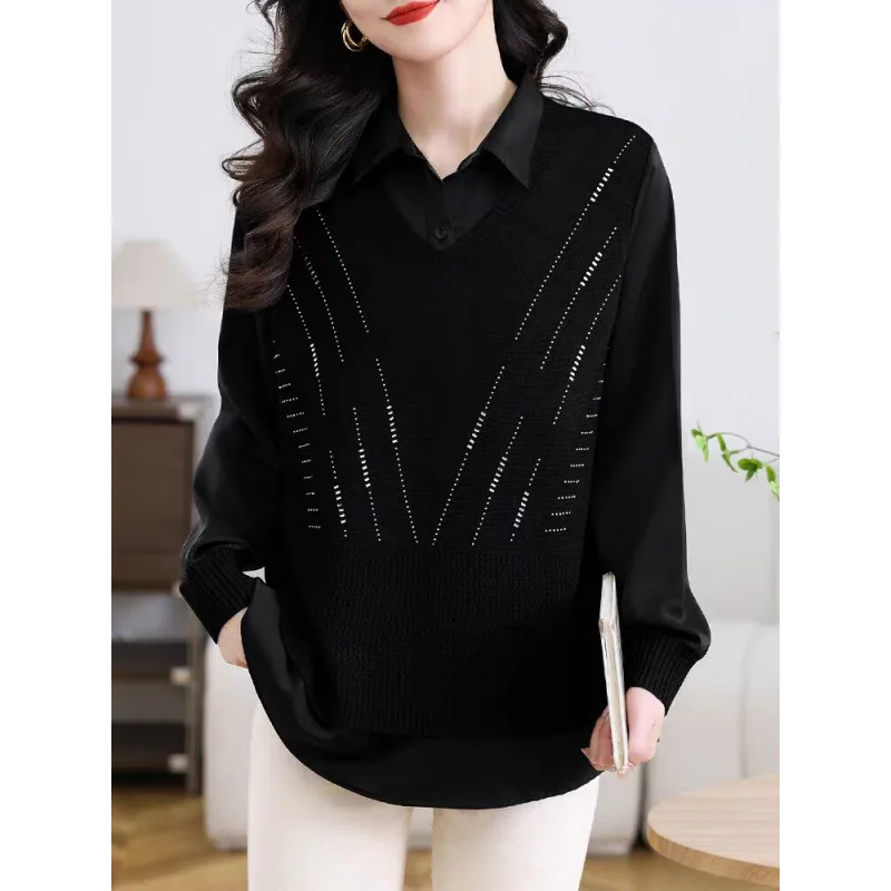 Spring Autumn Stitching Knitwear Women Belly Cover Sweater Fake Two-piece Bottoming Shirt Female Western Style Shirt Collar Coat
Spring Autumn Stitching Knitwear Women Belly Cover Sweater Fake Two-piece Bottoming Shirt Female Western Style Shirt Collar Coat