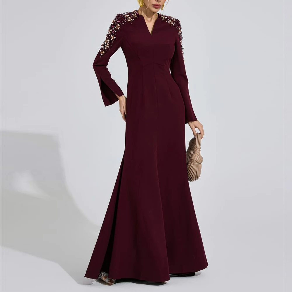 Customized Exquisite Crystal Embellishments Evening Dress V Neck Full Sleeve Evening Gown Burgundy A Line Formal Maxi Dresses
Customized Exquisite Crystal Embellishments Evening Dress V Neck Full Sleeve Evening Gown Burgundy A Line Formal Maxi Dresses