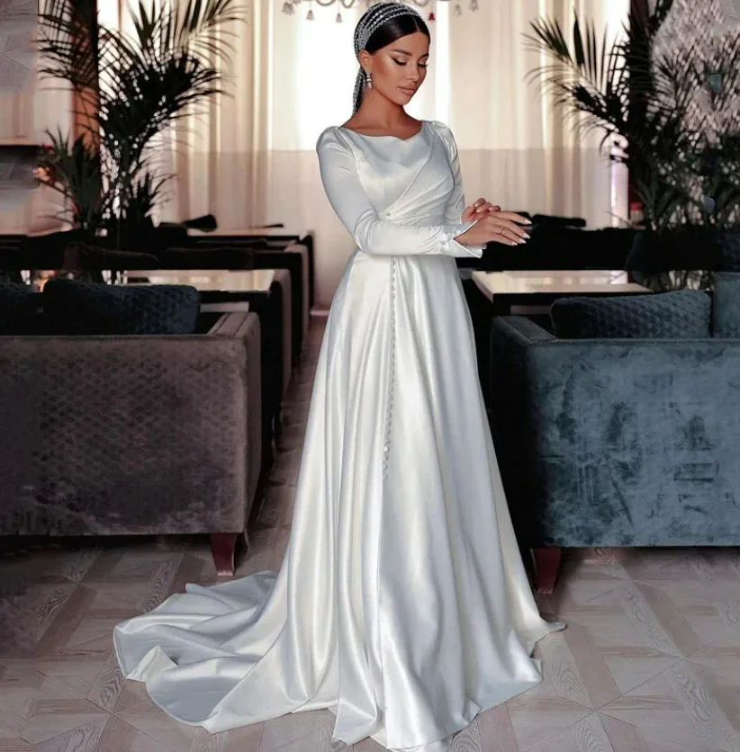 Eightale Arabic Wedding Dress O-Neck Buttons Customized Ivory Satin Pleats Long Sleeves Bridal Gown A-Line Bride Party Dress
Eightale Arabic Wedding Dress O-Neck Buttons Customized Ivory Satin Pleats Long Sleeves Bridal Gown A-Line Bride Party Dress