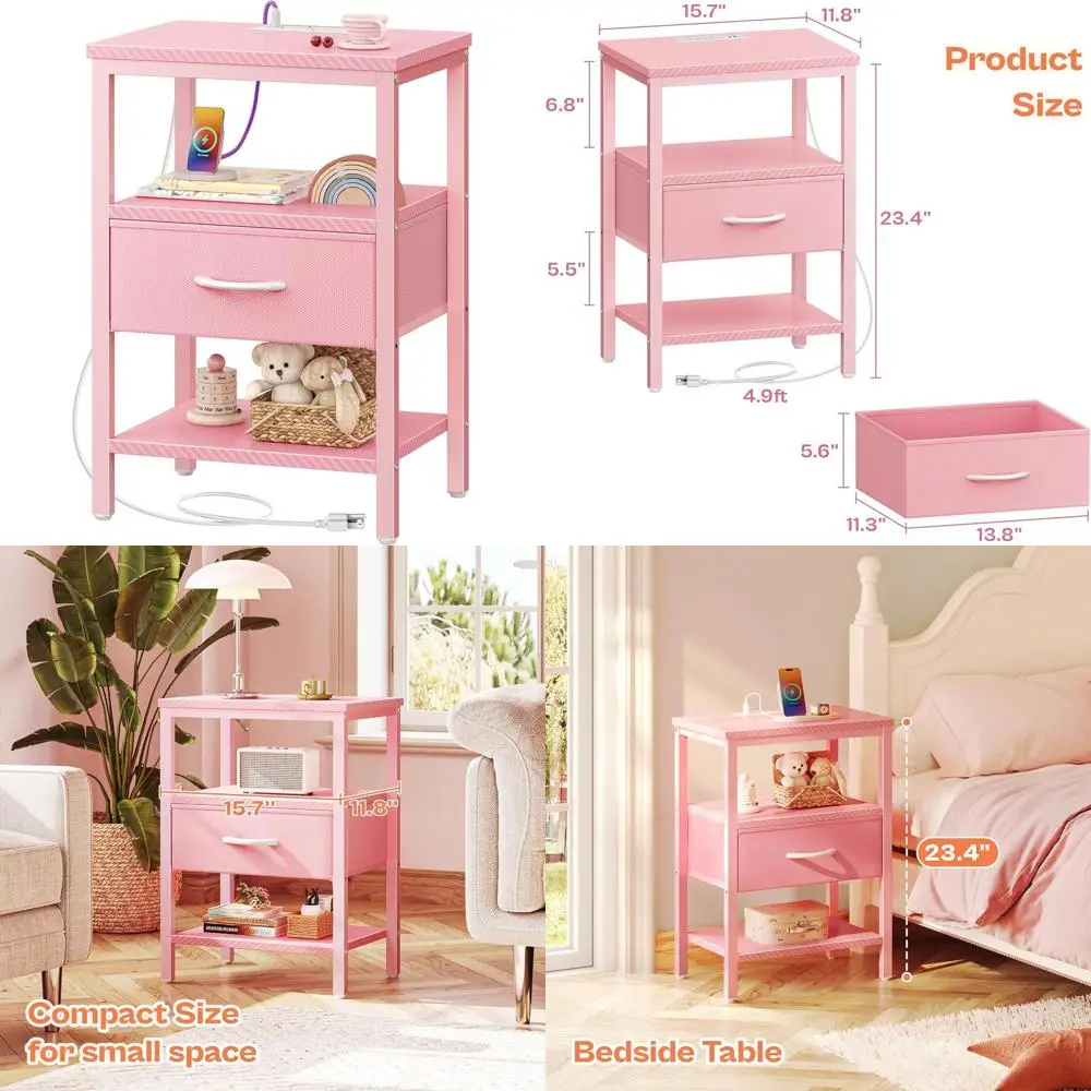 Bedside Table with Charging Station, 3-Tier Storage, Adjustable Fabric Drawer, Pink for Bedroom or Living Room
Bedside Table with Charging Station, 3-Tier Storage, Adjustable Fabric Drawer, Pink for Bedroom or Living Room