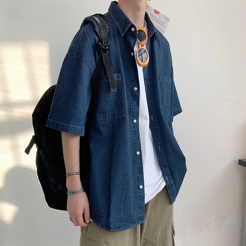 Summer Casual Loose Men's Denim Shirt Short Sleeve Five Points Trendy Brand Fashion BF Base Layer Shirt Pure Color Point Collar
Summer Casual Loose Men's Denim Shirt Short Sleeve Five Points Trendy Brand Fashion BF Base Layer Shirt Pure Color Point Collar