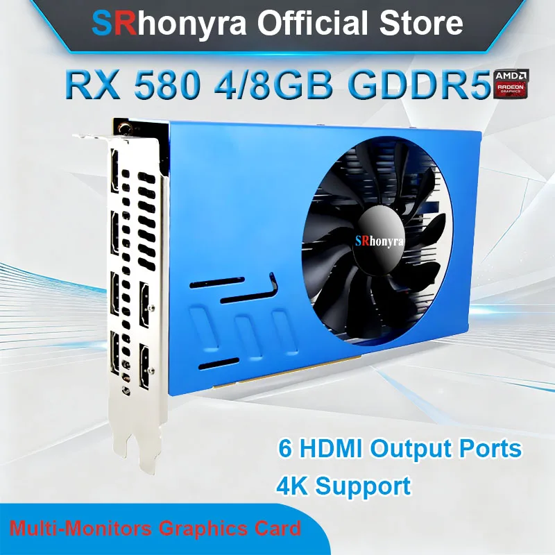 SRhonyra AMD RX580 4/8GB Graphics Card Multi-Monitors,2048SP GDDR5 256bit 6 HDMI Multi Screen Splicing Video Card GPU EDID