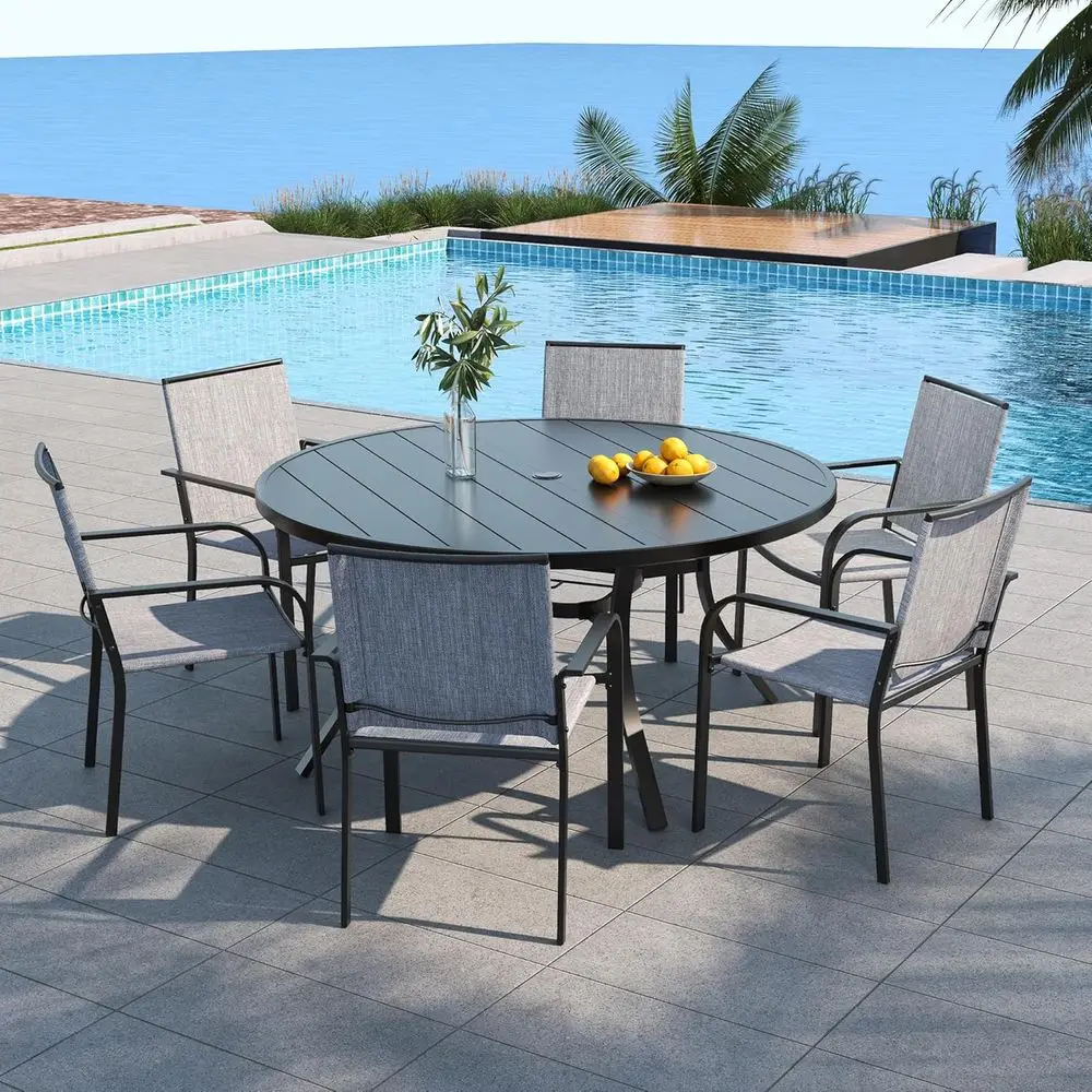 7-Piece Round Metal Patio Table Set with Umbrella Hole, 54 Table and 6 Stackable Grey Chairs
7-Piece Round Metal Patio Table Set with Umbrella Hole, 54 Table and 6 Stackable Grey Chairs